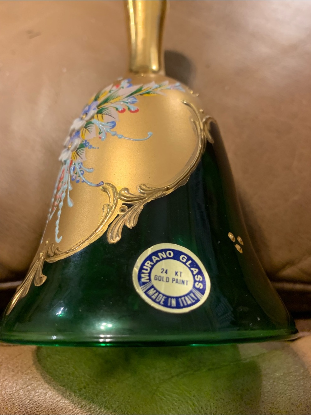Vintage Murano Gold and Green Floral Bell with 24K Accents, Vintage Venetian